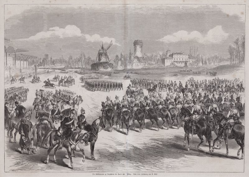 Saksan keisari Wilhelm I katsomassa armeijan paraatiaan Longchampissa, Pariisissa, Ranskassa, maaliskuu 1871 (kaiverrus) tekijältä German School