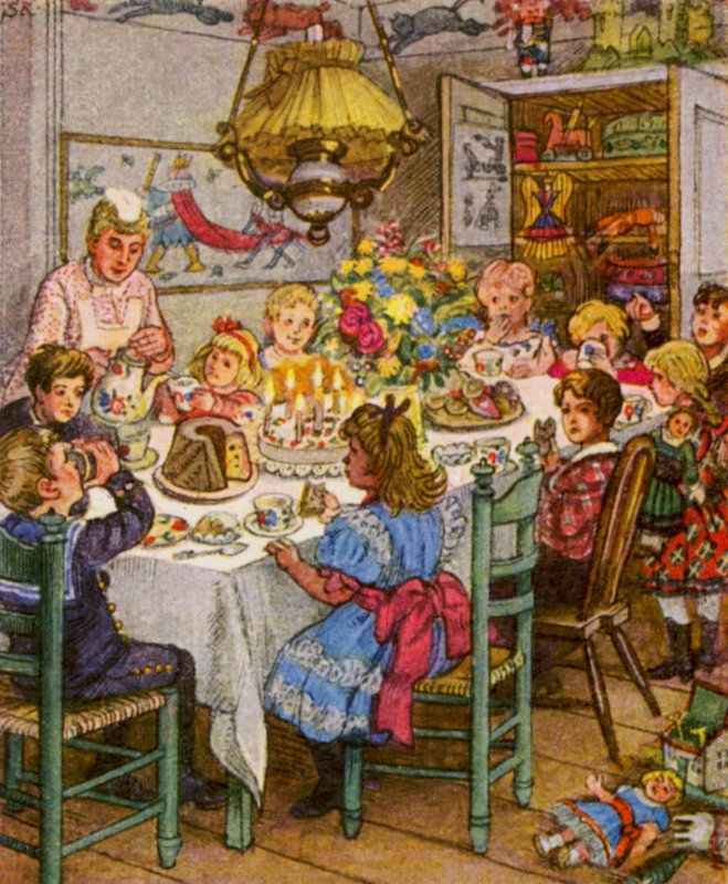 Kindergeburtstag / Lasten syntymäpäivä (värilitografia) tekijältä German School