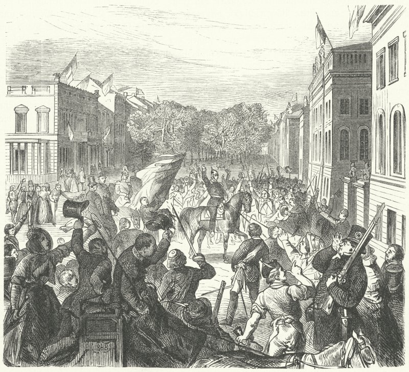 Preussin kuningas Frederick William IV ratsastamassa Berliinin yliopiston ohi matkalla mellakoissa kuolleiden siviilien joukkohautajaisiin, 21. maaliskuuta 1848 (kaiverrus) tekijältä German School