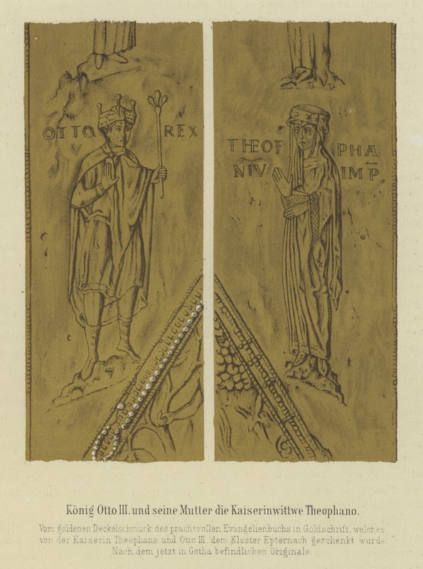 Kuningas Otto III ja hänen äitinsä Theophania, Otto II:n keisarinna puoliso, Pyhän Rooman keisari (väri litho) tekijältä German School