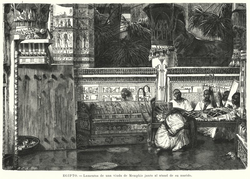 Lesken itku miehensä arkun vieressä Memphisissä, muinaisessa Egyptissä (litho) tekijältä German School