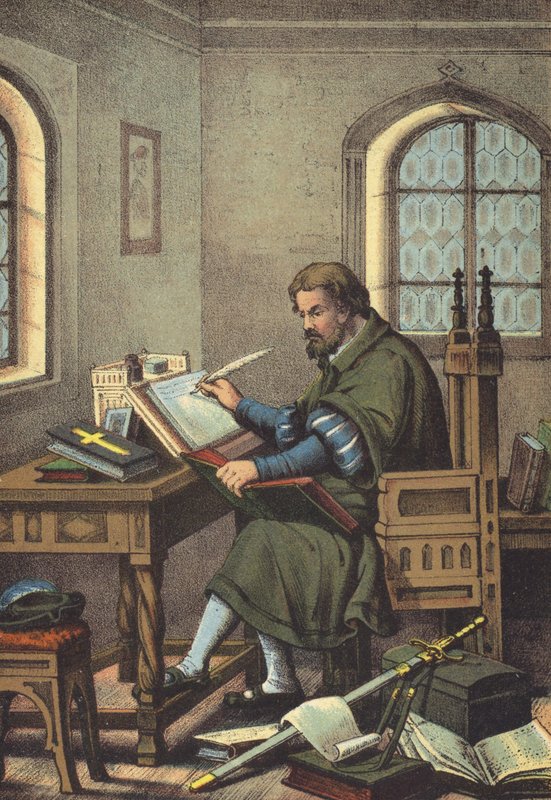 Luther naamioitunut Junker Jorgiksi Uuden testamentin Wartburg-käännöksessä (chromolitho) tekijältä German School
