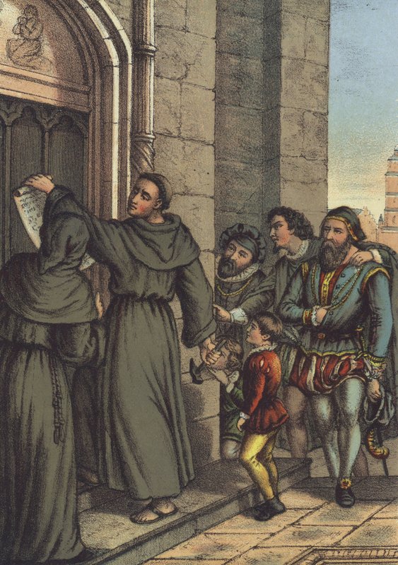 Luther naulaa 95 teesiään Kaikkien pyhien kirkon oveen Wittenbergissä (chromolitho) tekijältä German School