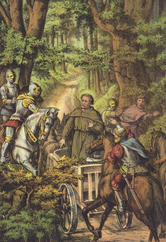 Lutherin sieppaus Wartburgiin (chromolitho) tekijältä German School