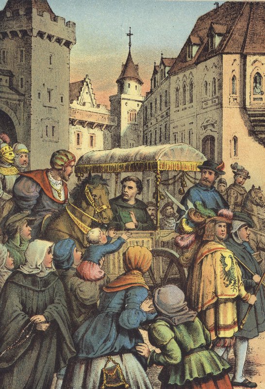 Lutherin tulo Wormsiin (chromolitho) tekijältä German School
