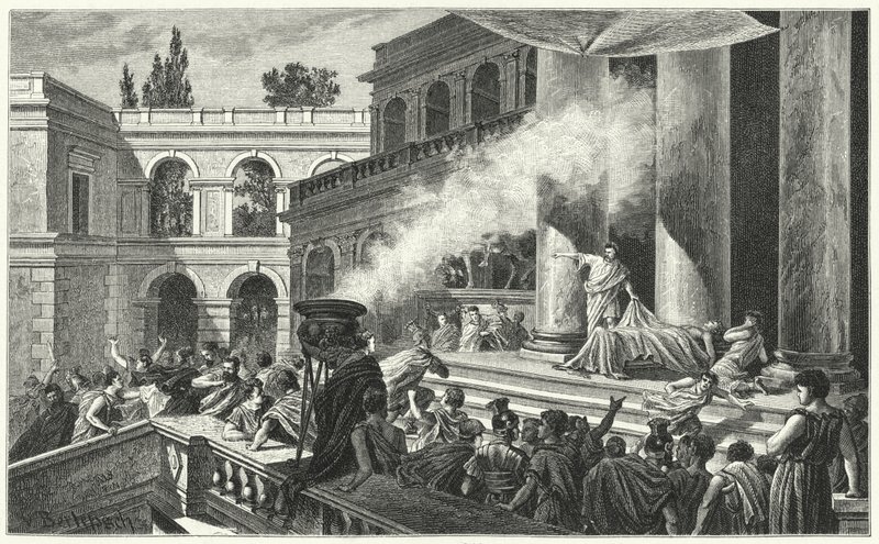 Mark Antony käynnistää mellakan puheessaan Julius Caesarin hautajaisissa, 44 eKr. (kaiverrus) tekijältä German School