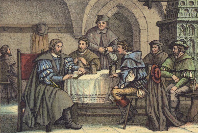Martin Luther keskustelussa opiskelijoiden kanssa Gasthof der Barenissa, Jenassa (chromolitho) tekijältä German School