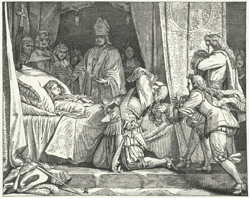 Maximilian II Emmanuel, Baijerin vaaliruhtinas, poikansa Joseph Ferdinandin kuolinvuoteella tekijältä German School