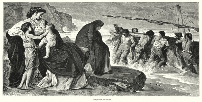 Medean jäähyväiset: kohtaus Euripideksen antiikin kreikkalaisesta tragediosta Medea, joka perustuu legendaan Medeasta ja Jasonista (litho) tekijältä German School