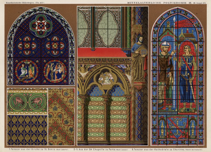 Keskiaikaiset ranskalaiset lasimaalaukset: St Denisin kirkko, Pariisi; Sainte Chapelle, Pariisi; Chartresin katedraali (väri litho) tekijältä German School