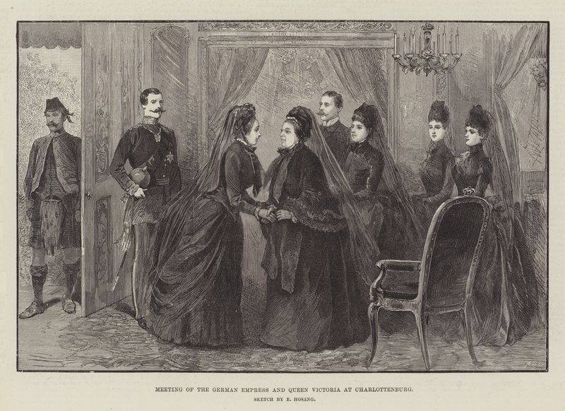 Saksan keisarinnan ja kuningatar Victorian tapaaminen Charlottenburgissa (kaiverrus) tekijältä German School