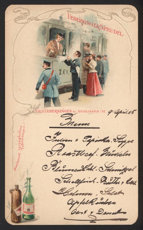 Menukorttimainonta Ueberkinger-kuohuvettä (väri litho) tekijältä German School