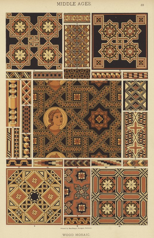 Keskiaika, puumosaiikki (väri litho) tekijältä German School