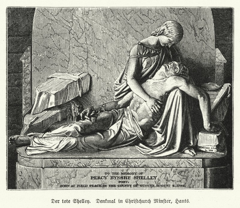 Monumentti englantilaiselle runoilijalle Percy Bysshe Shelleylle, Christchurch Priory, Dorset (litho) tekijältä German School