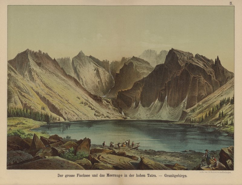 Morskie Oko, järvi graniittikorkea-Tatra-vuoristossa (väri litho) tekijältä German School