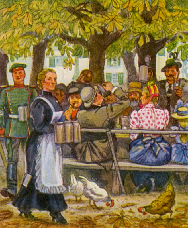 Munchener Sommerkeller / Münchenin kesäkellari (värilitografia) tekijältä German School