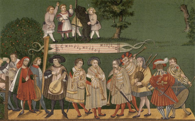 Muusikot Augsburgista, Saksasta, soittavat Geschlechtertanzin tanssijoille, 1520 tekijältä German School