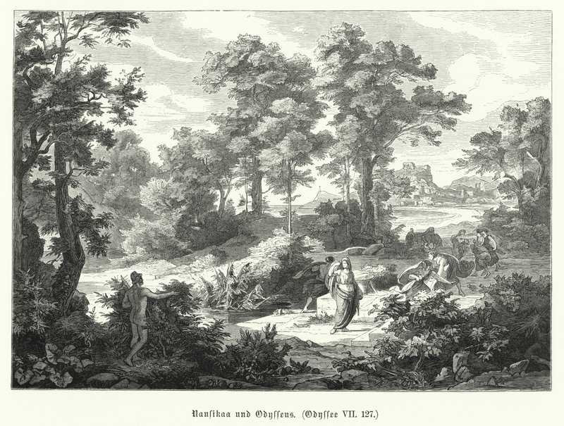 Nausicaa ja Odysseus, kohtaus Homeroksen Odysseiasta (kaiverrus) tekijältä German School
