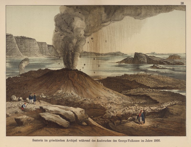 Nea Kameni, vulkaaninen saari Kreikan Santorinin saaren kalderassa vuoden 1866 purkauksen jälkeen (värikuva) tekijältä German School