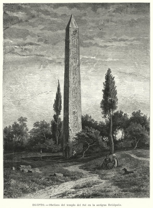 Muinaisen Egyptin auringontemppelin obeliski Heliopoliksessa (litho) tekijältä German School