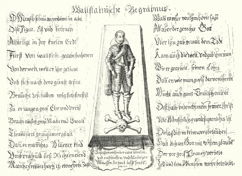 Pamfletti, joka julkaistiin murhatun Böömin sotilasjohtajan Albrecht von Wallensteinin muistoksi (kaiverrus) tekijältä German School