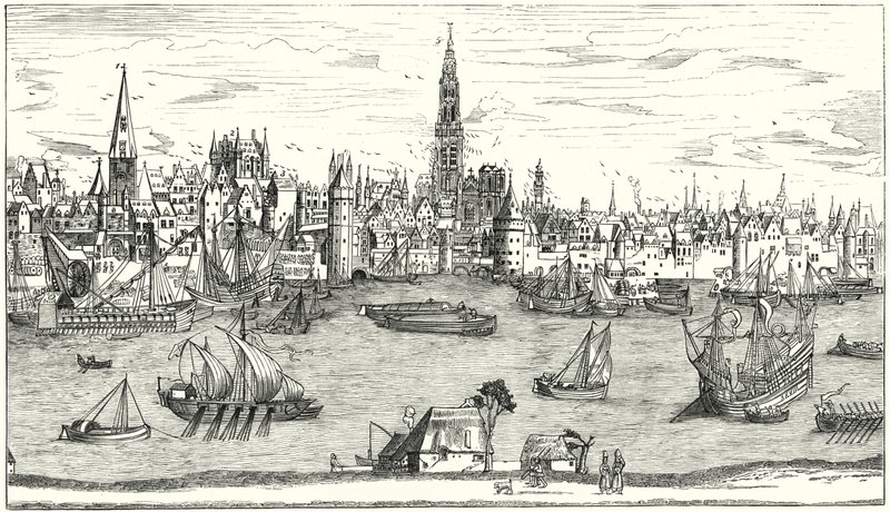 Panorama Antwerpenistä 1500-luvun alussa (kaiverrus) tekijältä German School