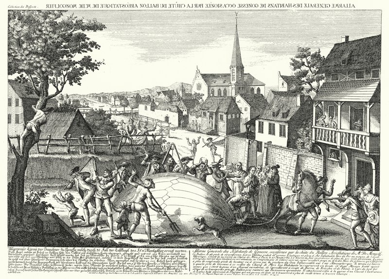Talonpojat hyökkäämässä Jacques Charlesin ja Robert Brothersin ilmapalloa vastaan sen putoamisen jälkeen Gonessessa, 27. elokuuta 1783 (kaiverrus) tekijältä German School