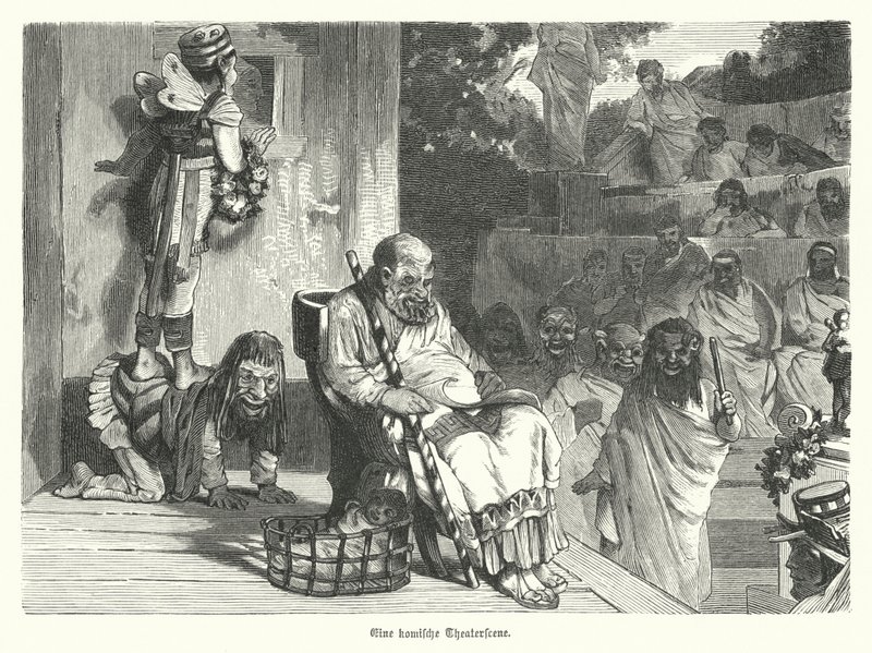 Komedian esitys antiikin Kreikan teatterissa (kaiverrus) tekijältä German School