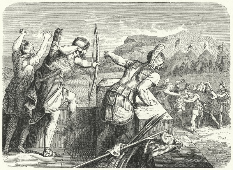 Philip II Makedonialainen haavoittui silmään Methonen piirityksessä, 355 eKr. (kaiverrus) tekijältä German School