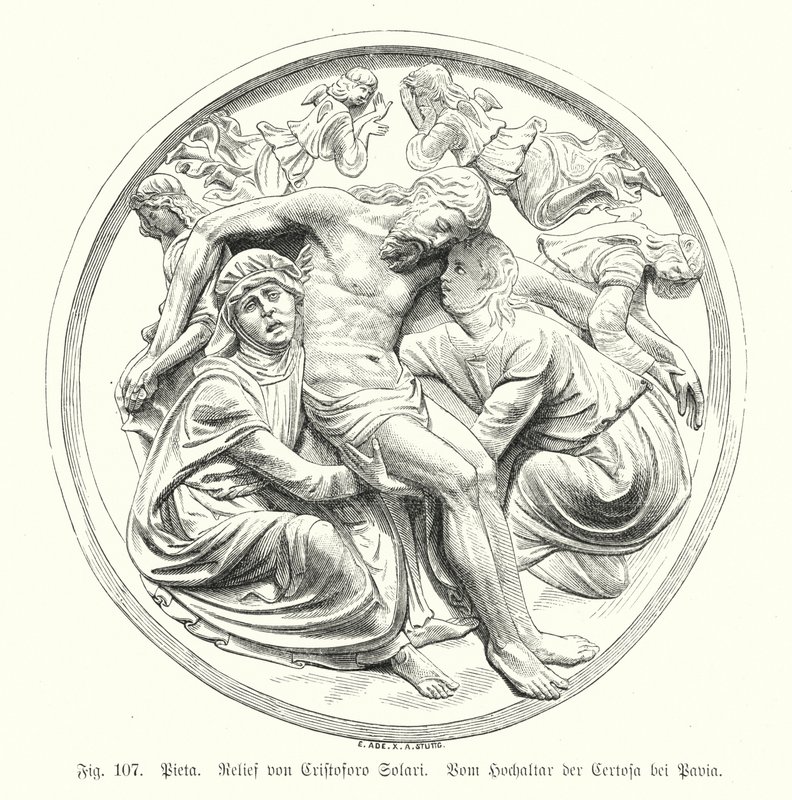 Pieta, Cristoforo Solarin reliefi Certosa di Pavian alttarilta Italiasta (kaiverrus) tekijältä German School