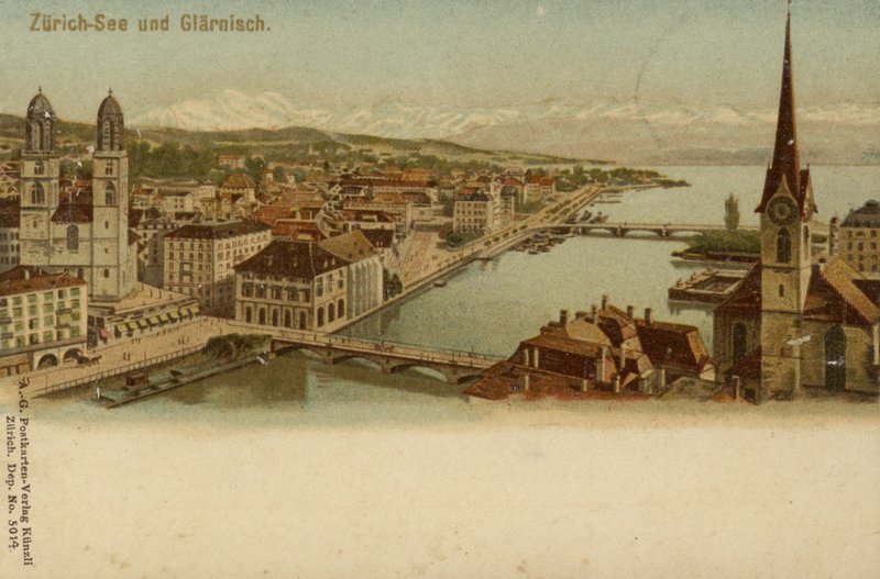 Postikortti, joka esittää yleiskuvaa Zürichin kaupungista tekijältä German School