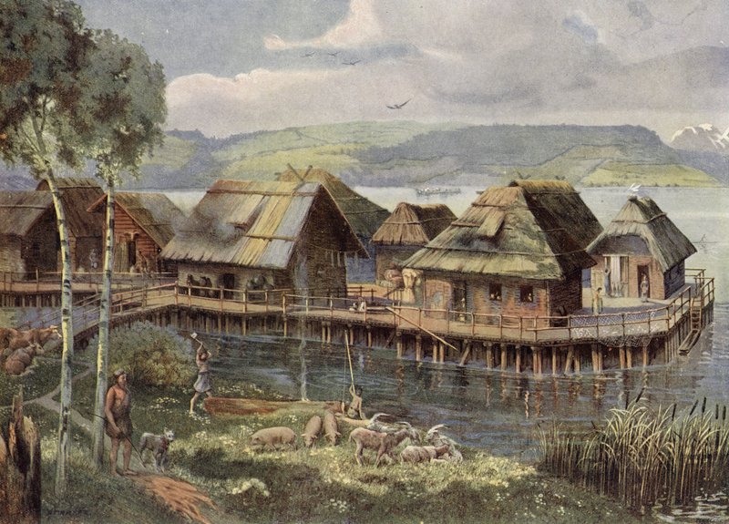 Esihistoriallinen eurooppalainen järvikylä (värilitro) tekijältä German School