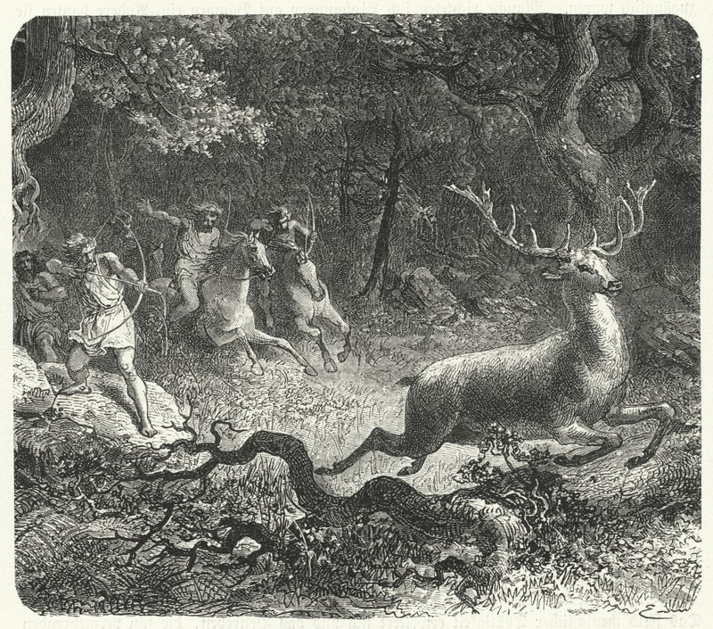Esihistorialliset miehet metsästämässä hevosia (kaiverrus) tekijältä German School