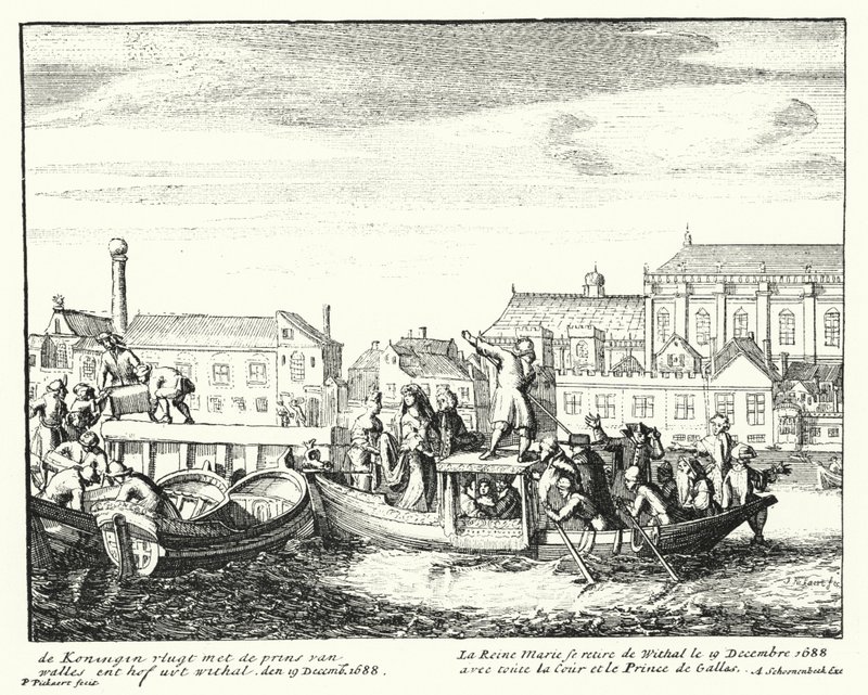 Kuningatar Mary, kuningas James II:n puoliso, pakenemassa Englannista Walesin prinssin ja koko hovin kanssa, joulukuu 1688 (kaiverrus) tekijältä German School