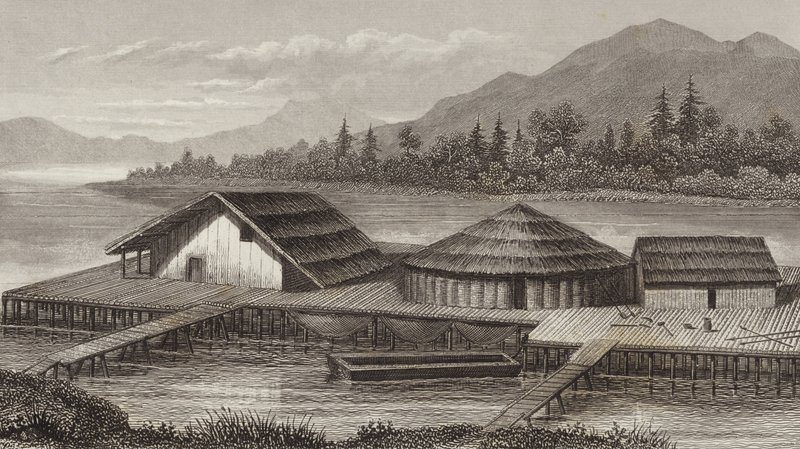 Vanhan järvikylän jälleenrakennus. Kuva Bilder-Atlasista (kaiverrus) tekijältä German School