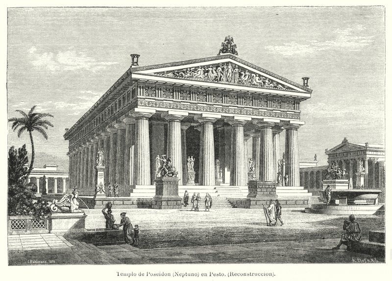 Muinaisen kreikkalaisen Poseidonin temppelin jälleenrakennus, Paestum, Italia (litho) tekijältä German School