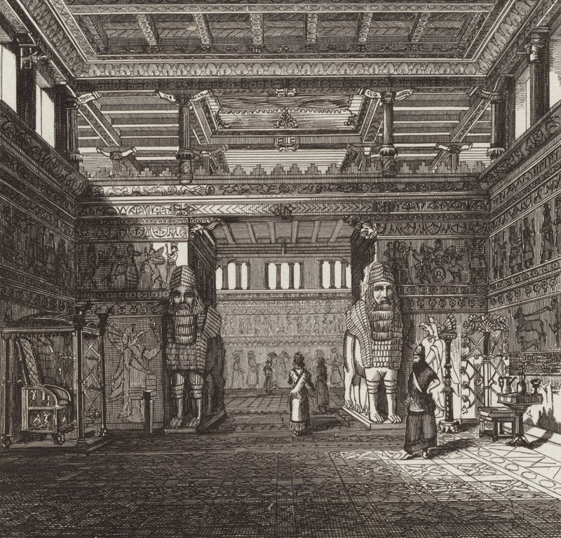 Assyrian kuninkaan salin jälleenrakennus. Kuva Bilder-Atlasista (kaiverrus) tekijältä German School