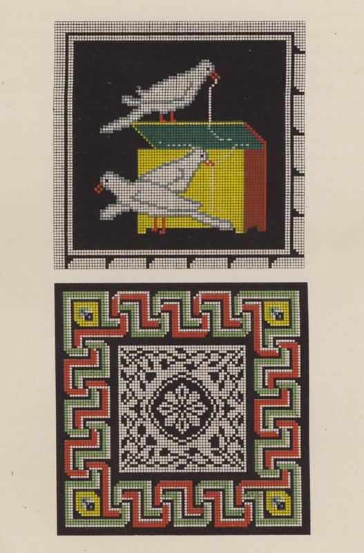 Pompejin lattiamosaiikin jäljennös kirjontakappaleena (chromolitho) tekijältä German School