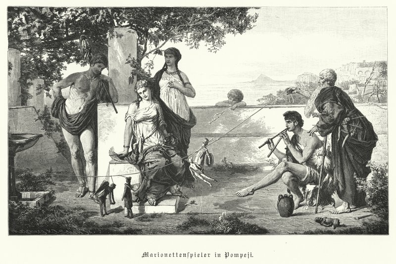 Roomalaiset nukkenäyttelijät Pompejissa (kaiverrus) tekijältä German School