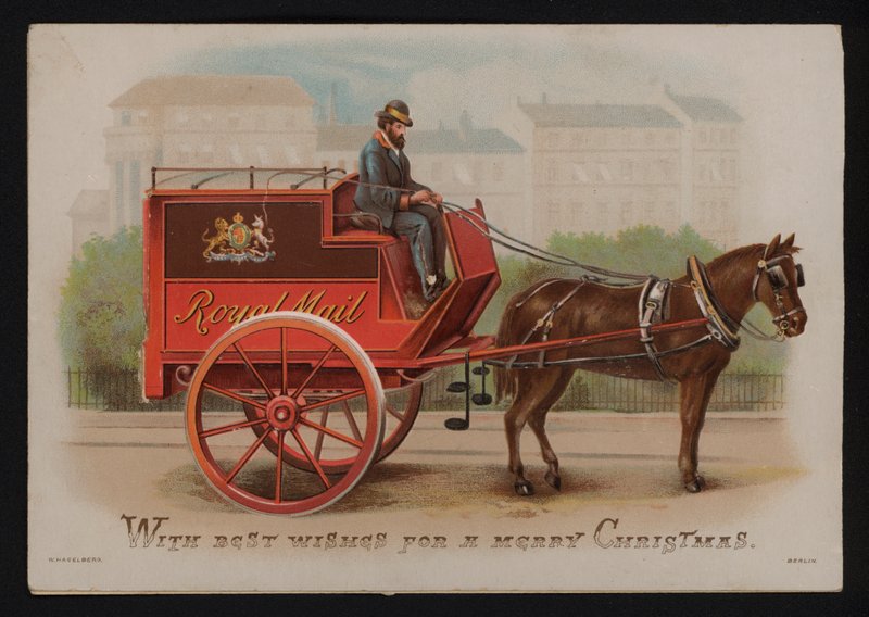 Royal Mail pakettiauto, joulutervehdyskortti, 1800-luvun loppu tai 1900-luvun alku (chromolitho) tekijältä German School