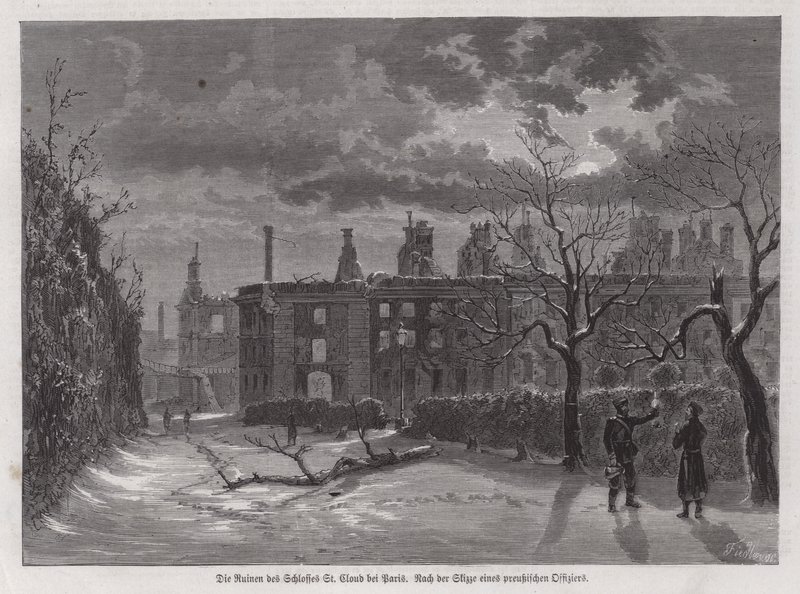 Pariisin Chateau de Saint-Cloudin rauniot, jotka tuhoutuivat Preussin pommituksissa vuonna 1870 Ranskan ja Preussin sodan aikana (kaiverrus) tekijältä German School