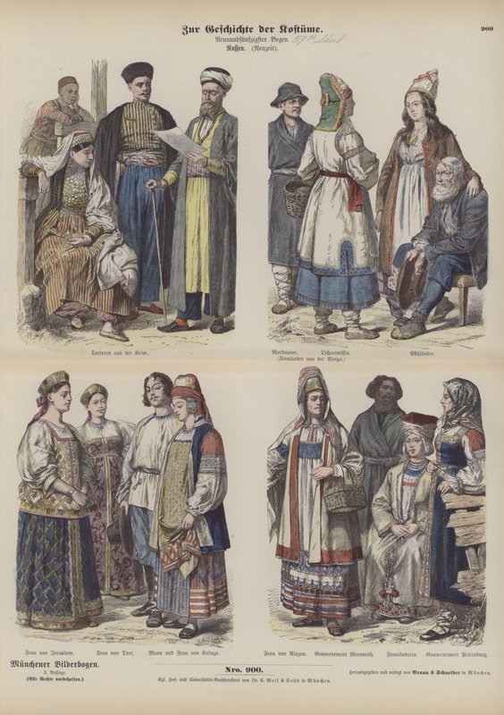 Venäläiset puvut, 1800-luvun loppu (värillinen kaiverrus) tekijältä German School