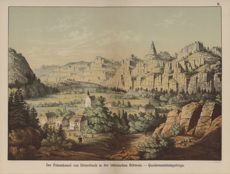 "Böömin Sveitsin" hiekkakivivuoret, Jetrichovice (Dittersbach), Tšekin tasavalta (väri litho) tekijältä German School