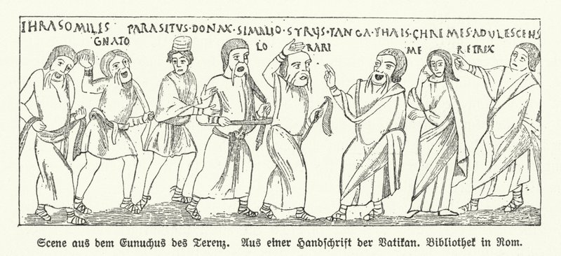 Kohtaus Eunuchuksesta (The Eunuch), roomalaisen näytelmäkirjailijan Terencen komediasta (litho) tekijältä German School