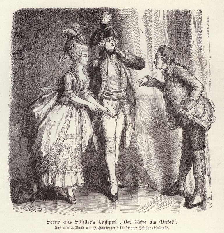 Kohtaus Friedrich Schillerin komediasta Der Neffe als Onkel (Senpoika setänä) (kaiverrus) tekijältä German School