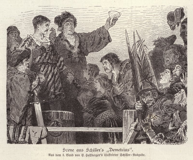 Kohtaus Friedrich Schillerin keskeneräisestä näytelmästä Demetrius (kaiverrus) tekijältä German School