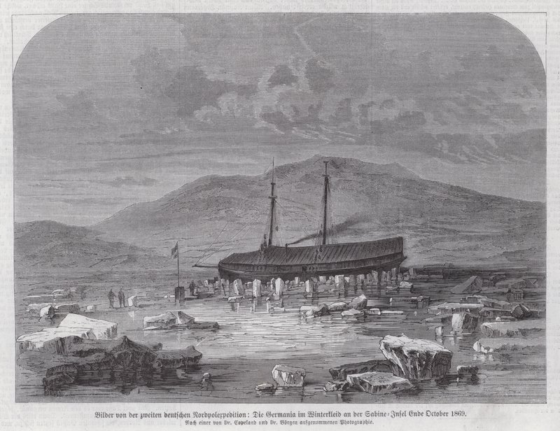 Kuunari Germania Sabinen saarella Grönlannin itärannikolla, Saksan toinen pohjoisnaparetkikunta, lokakuun lopussa 1869 (kaiverrus) tekijältä German School