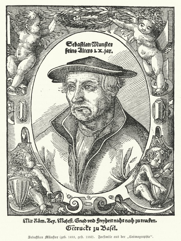 Sebastian Muenster, saksalainen kartografi, kosmografi ja kirjailija Cosmographia, aikaisin teos, joka kuvaa maailmaa saksaksi (kaiverrus) tekijältä German School