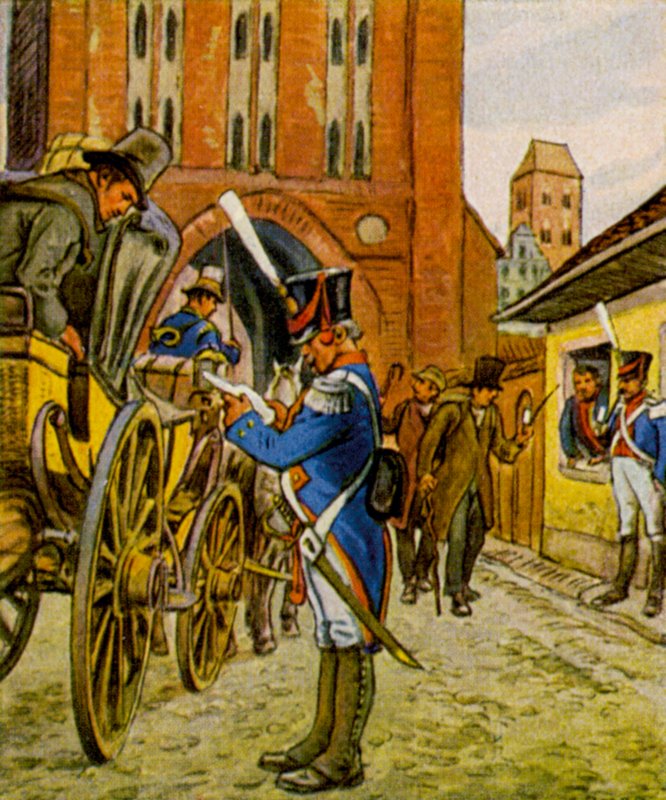 Stadtsoldaten Am Tor / Kaupungin sotilaat portilla (värilitografia) tekijältä German School