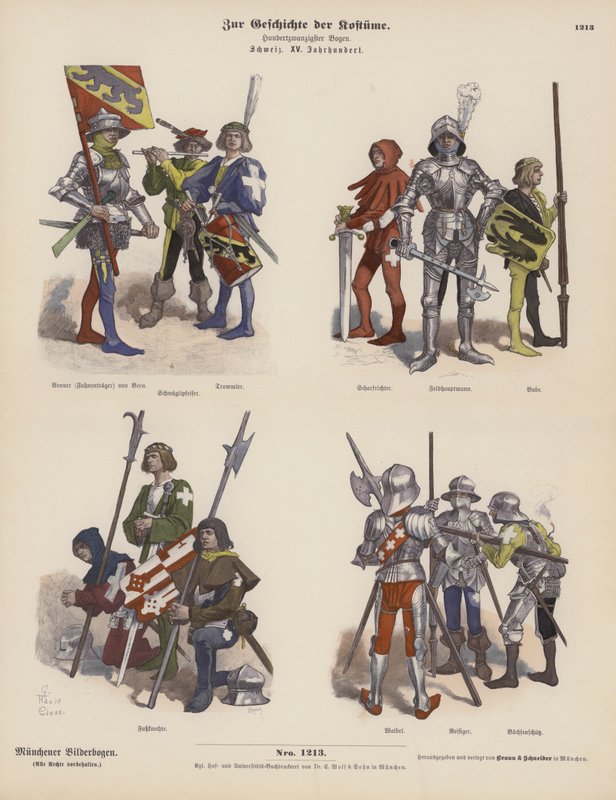 Sveitsiläiset sotilasasut 1400-luvulta (värillinen kaiverrus) tekijältä German School